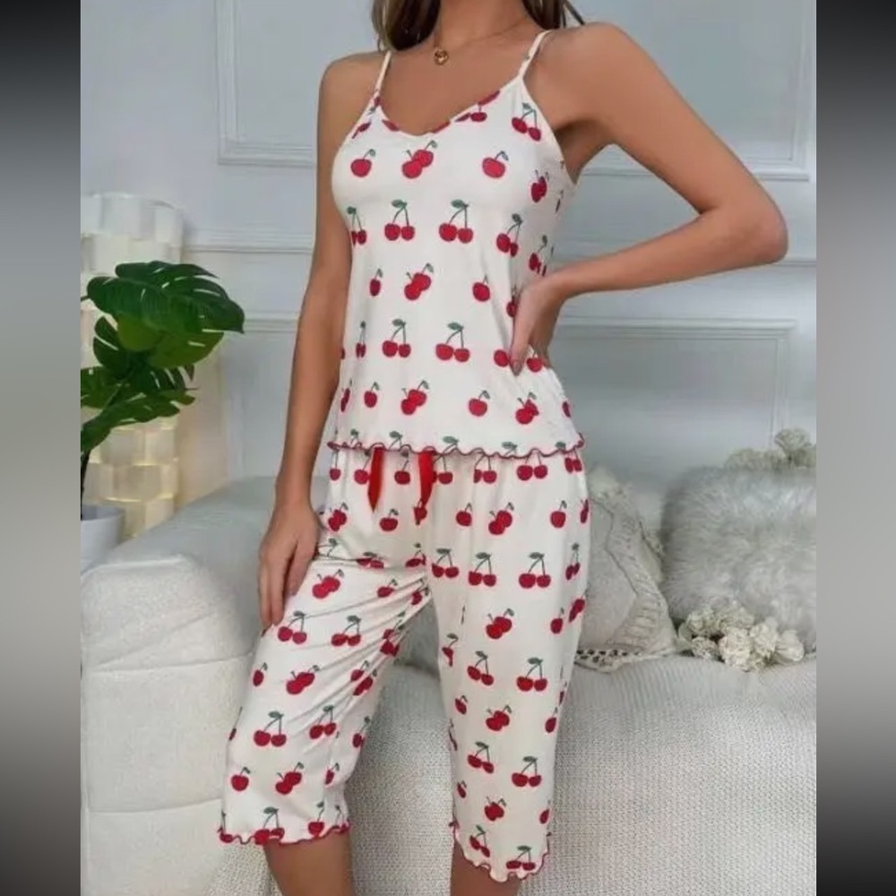 White Cherry Pajama Tank Top And Cropped Pants Set